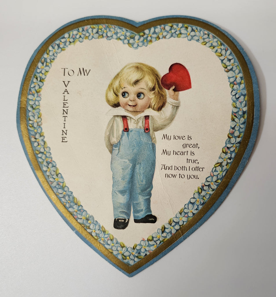 Antique Vintage Die Cut Valentine Card Heart Shaped Gold Floral Border Artist Jason Frexias Little Boy in Overalls
