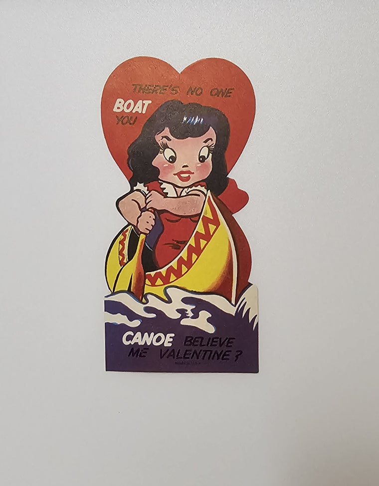 Vintage Die Cut Valentine Card Girl Rowing in Canoe There's No Boat Like Canoe