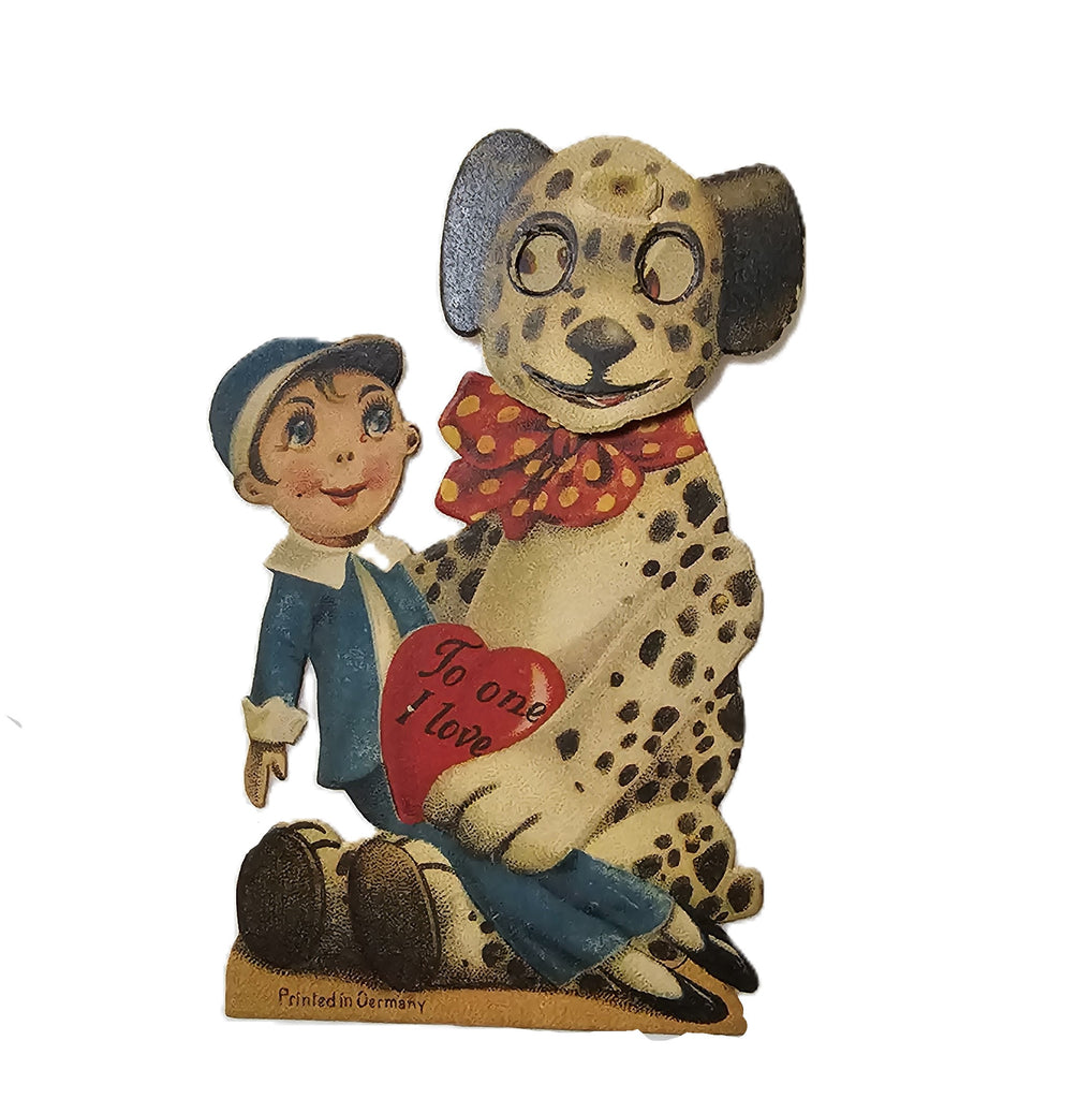 Vintage Die Cut Mechanical Valentine Card Large Dalmatian Puppy Dog Holding Puppet Boy Made in Germany