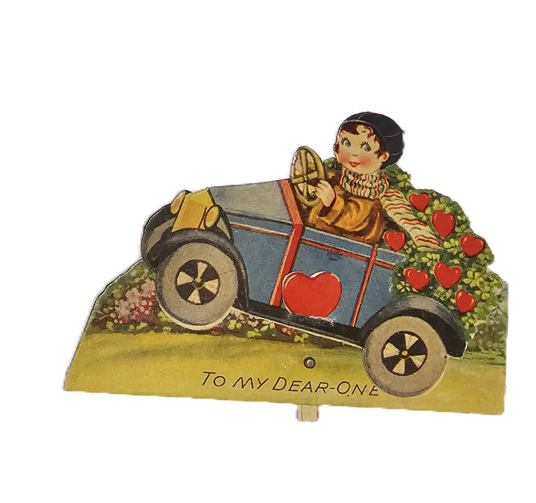 Vintage Die Cut Mechanical Valentine Card Little Boy Driving Car with Flower Hearts