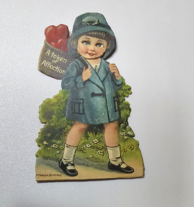 Vintage Die Cut Mechanical Valentine Card Little Girl Carrying Basket Full of Hearts Printed in Germany