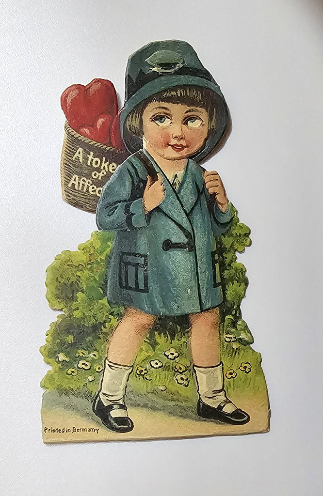 Vintage Die Cut Mechanical Valentine Card Little Girl Carrying Basket Full of Hearts Printed in Germany