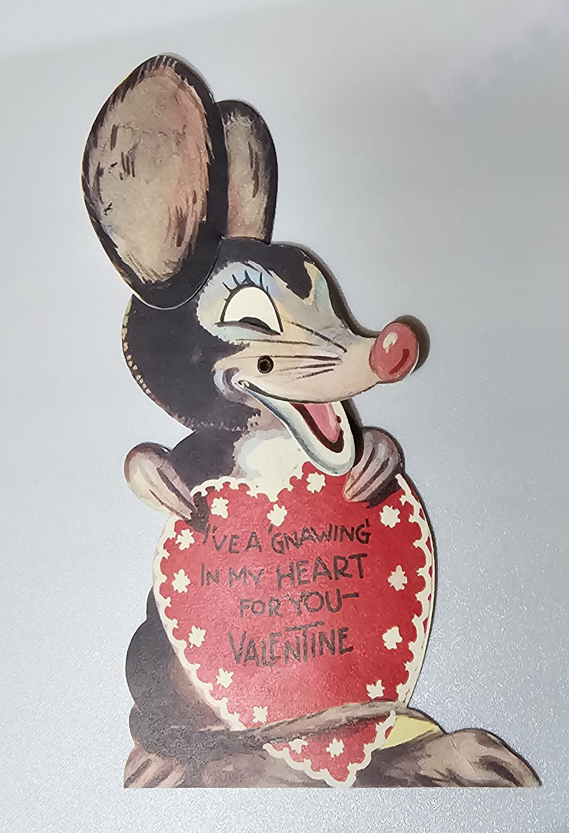 Vintage Die Cut Mechanical Valentine Card Mouse Rat Holding Giant Heart