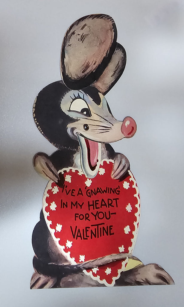 Vintage Die Cut Mechanical Valentine Card Mouse Rat Holding Giant Heart