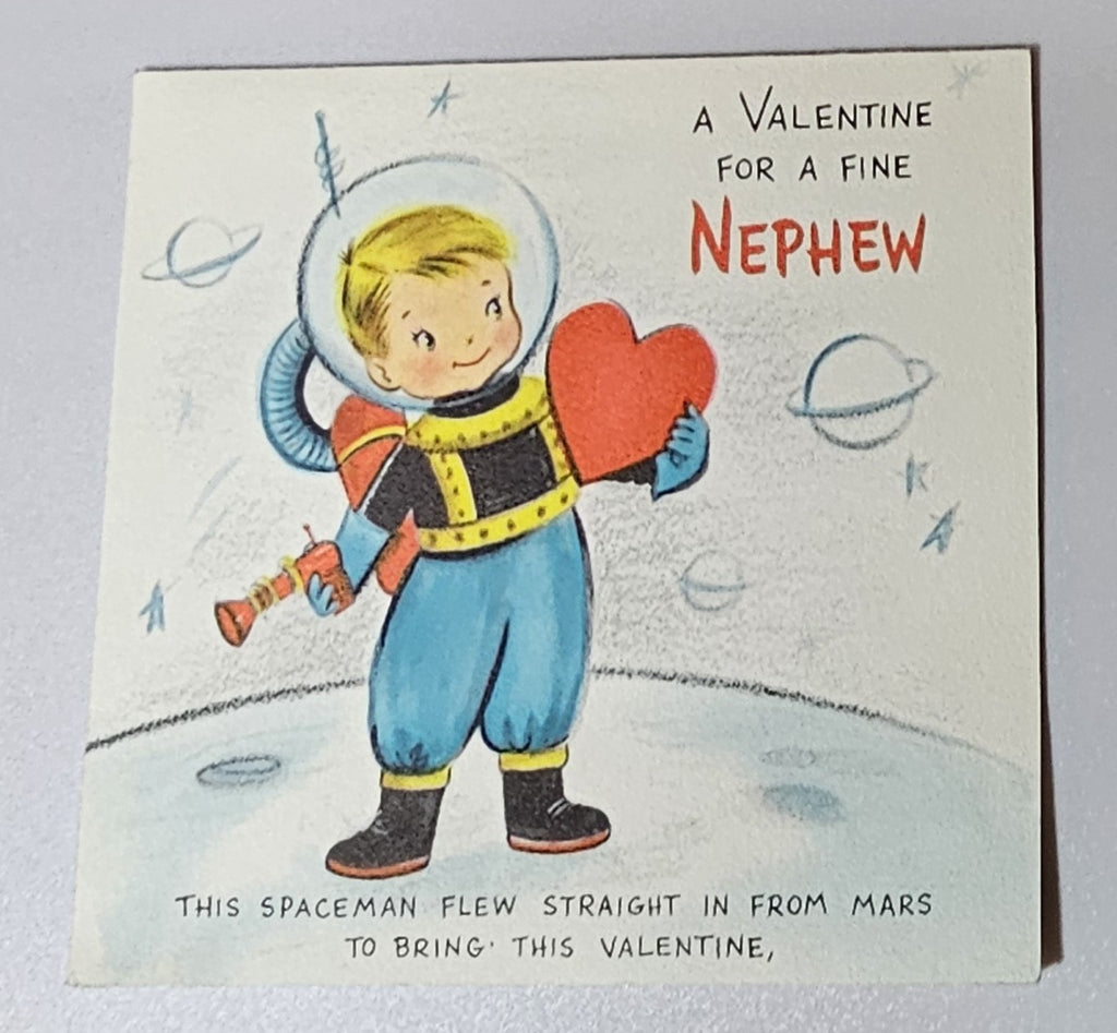 Vintage Valentine Card Hallmark Pub Little Boy Astronaut in Space Holding Heart Valentine's for Nephew