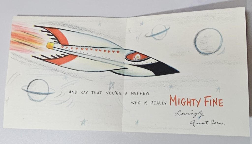 Vintage Valentine Card Hallmark Pub Little Boy Astronaut in Space Holding Heart Valentine's for Nephew