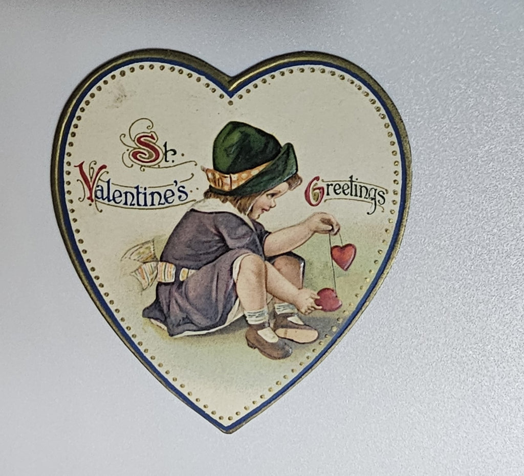 Vintage Die Cut Valentine Heart Shaped Card Artist Frexias Little Girl Playing with Poem on Reverse