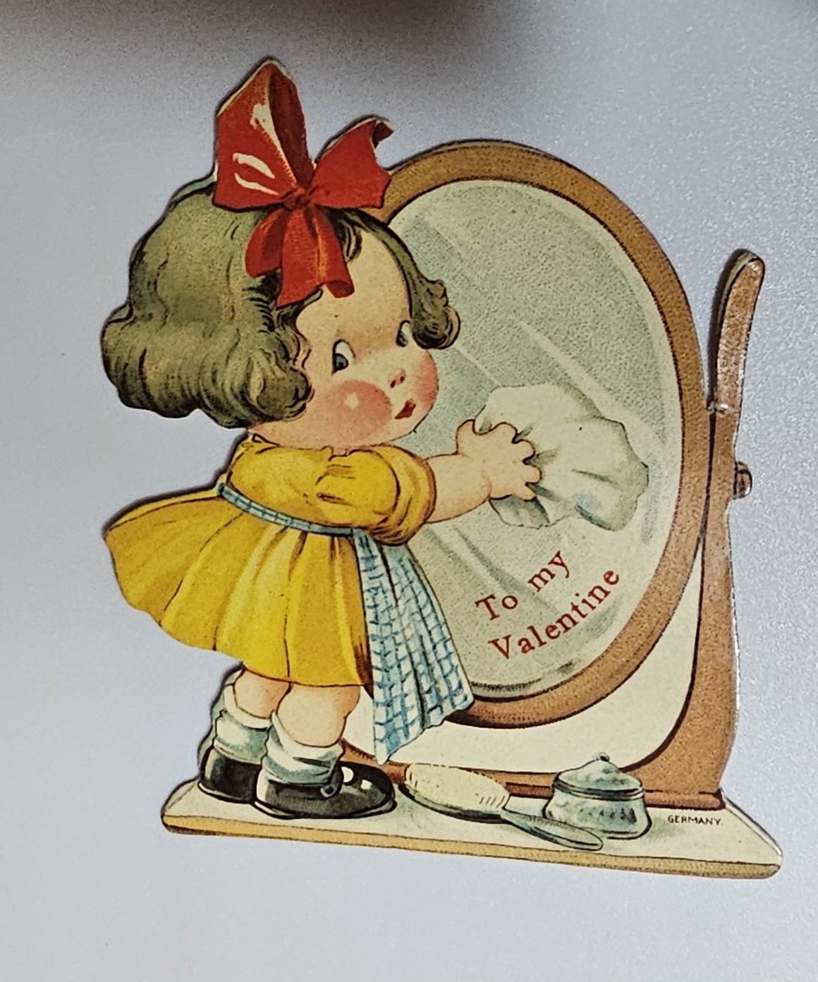 Vintage Mechanical Valentine Card Little Girl Cleaning Mirror Reveals Love Message Artist Twelvetrees Germany