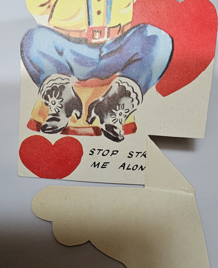 Vintage Die Cut Valentine Card Little Cowboy Playing Harmonica with Guitar Leaning Next to Him