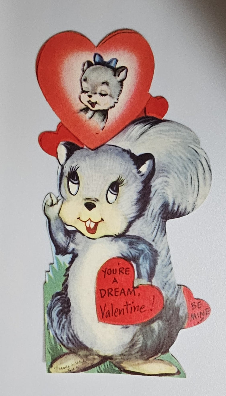 Vintage Die Cut Valentine Card Grey Squirrel Dreaming About His Girl