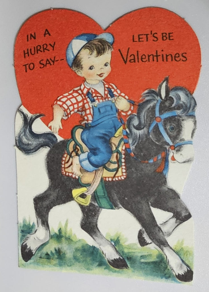 Vintage 1930s Valentine Card Little Farm Boy in Overalls Riding Horse