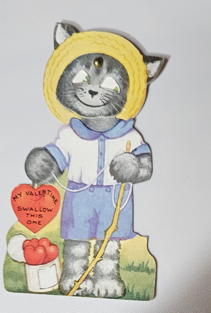 Vintage Valentine Card Mechanical Anthropomorphic Cat with Moving Hat & Eyes Fishing for Hearts