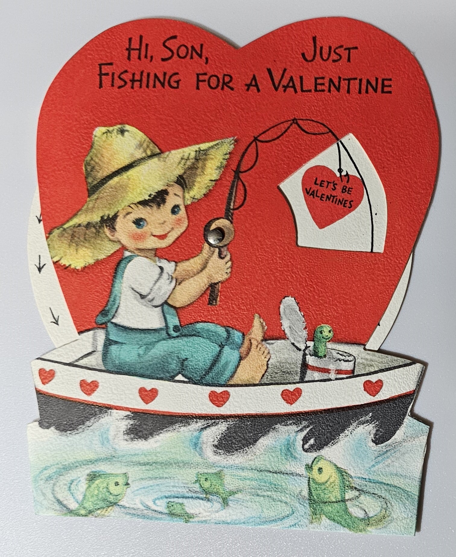 Vintage Die Cut Mechanical Valentine Card Boy Fishing with Spin