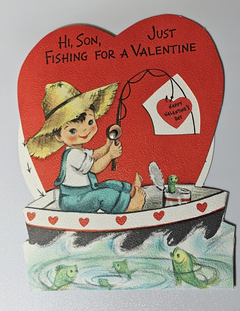 Vintage Die Cut Mechanical Valentine Card Boy Fishing with Spin Wheel Messages