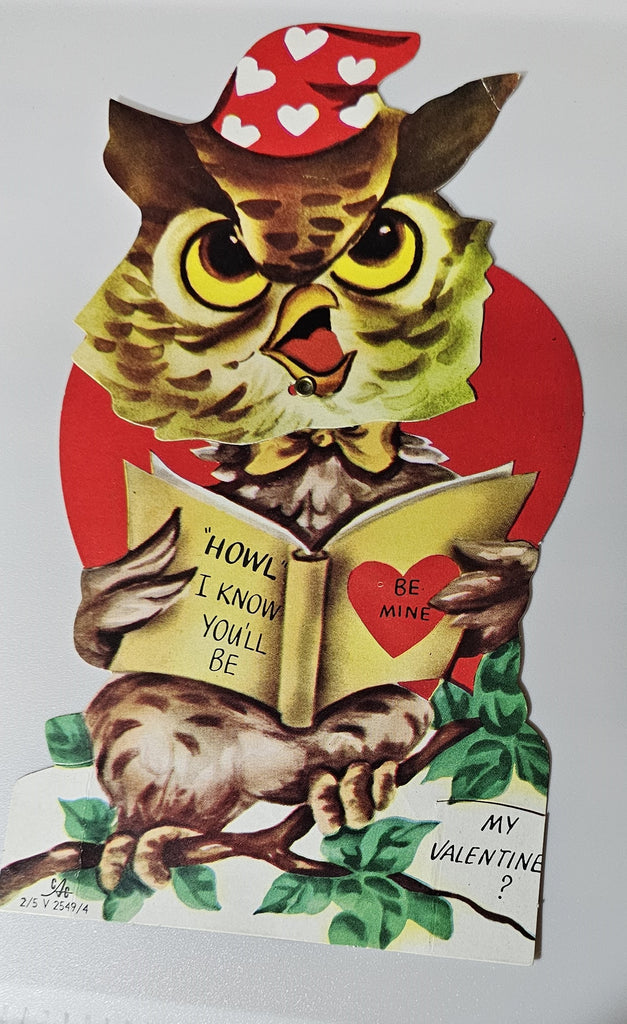 Vintage Die Cut Mechanical Valentine Card Owl Wearing Sleeping Cap Reading Book