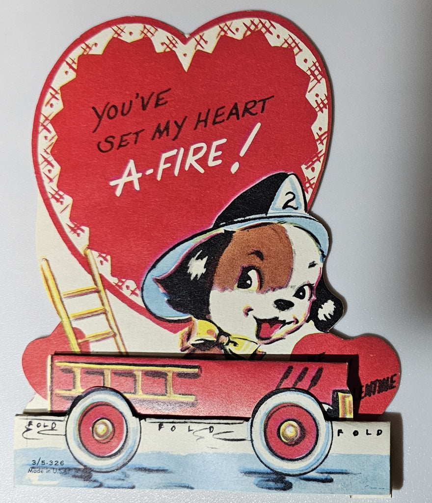 Vintage Die Cut Valentine Card Dalmatian Puppy Dog in Fire Truck