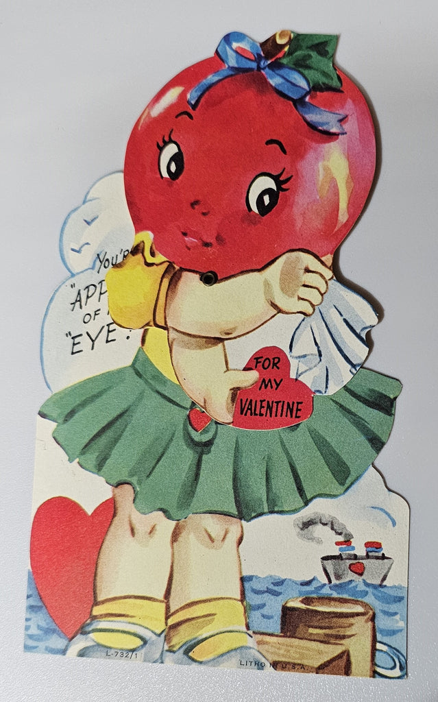 Vintage Mechanical Die Cut Valentine Card Apple Head Girl Waving To Ship