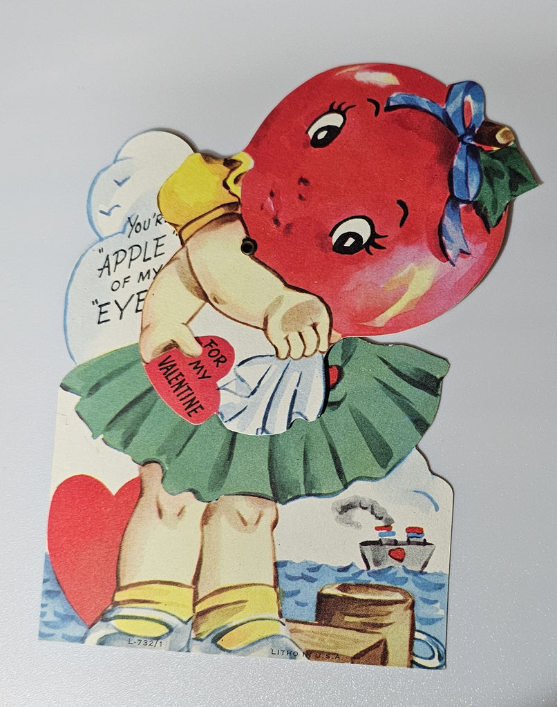 Vintage Mechanical Die Cut Valentine Card Apple Head Girl Waving To Ship