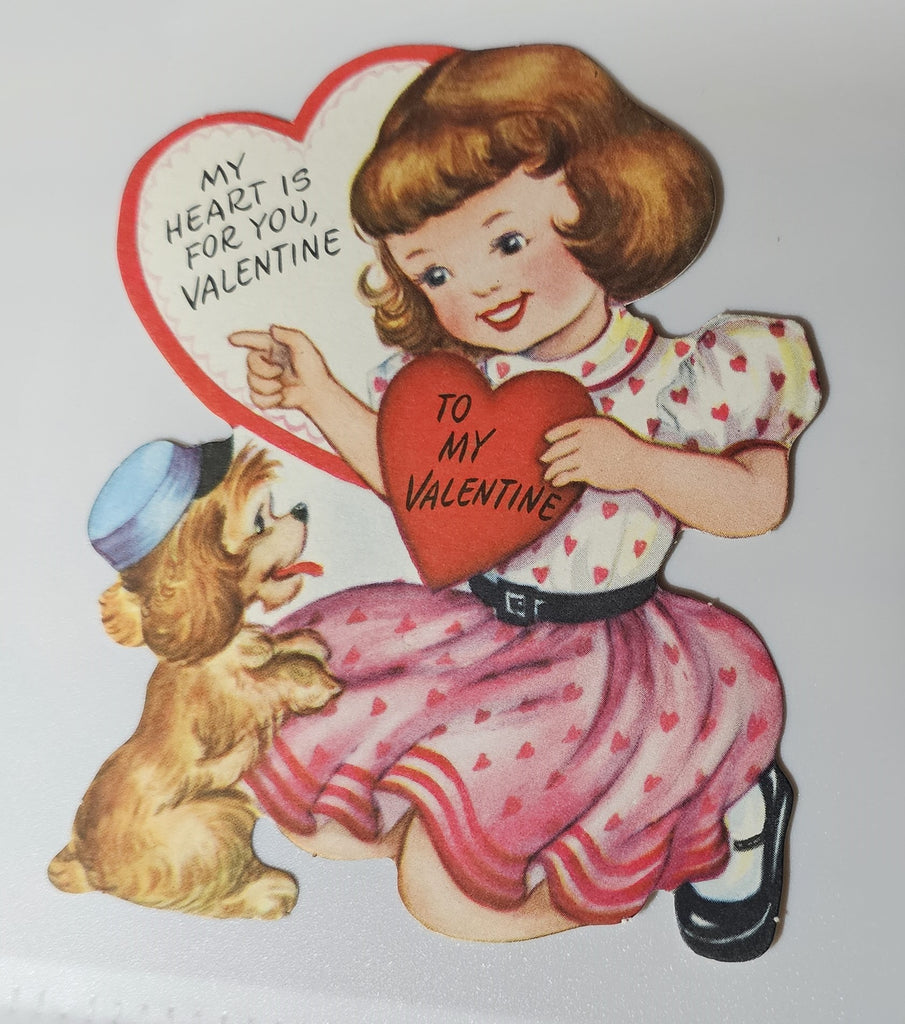 Vintage Die Cut Valentine Card Little Girl Showing Heart to Puppy Dog Wearing Hat Gibson Card