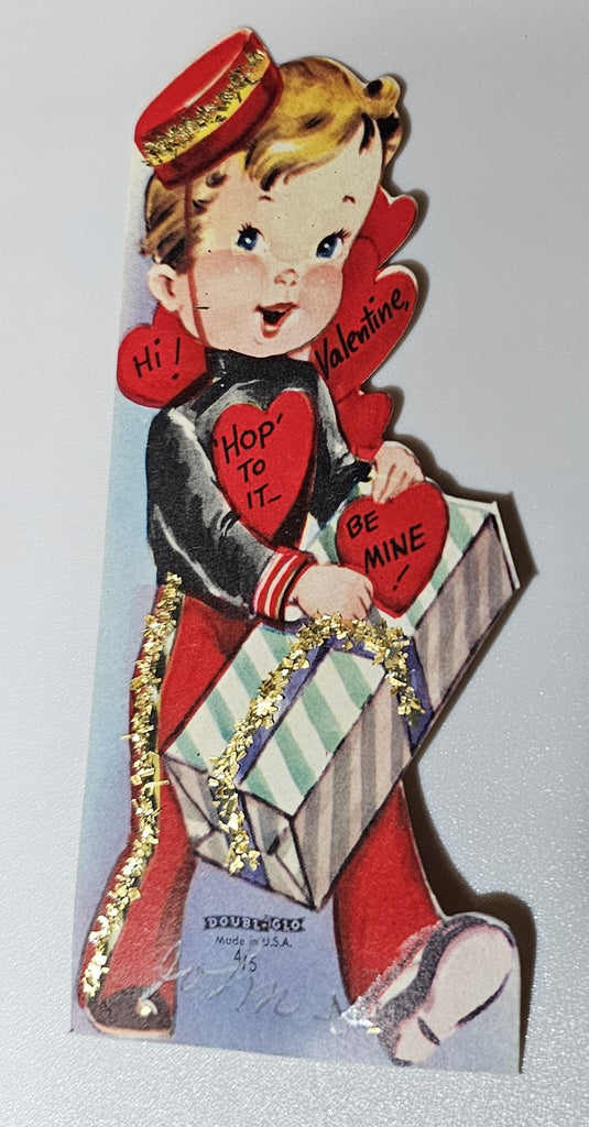 Vintage Die Cut Valentine Card Bellboy with Present Applied Glitter