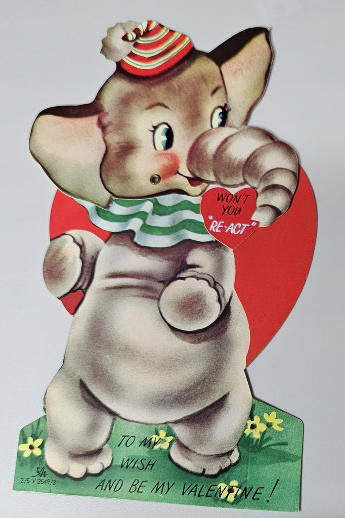 Vintage Die Cut Mechanical Valentine Card Elephant Dressed as Clown Holding Heart