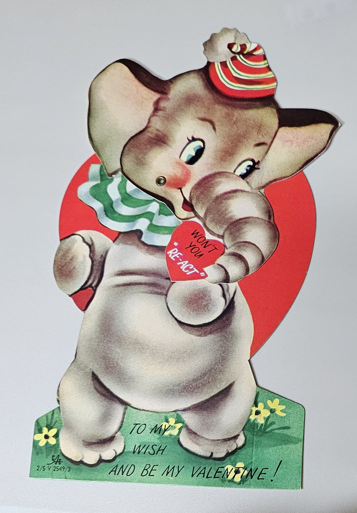 Vintage Die Cut Mechanical Valentine Card Elephant Dressed as Clown Holding Heart
