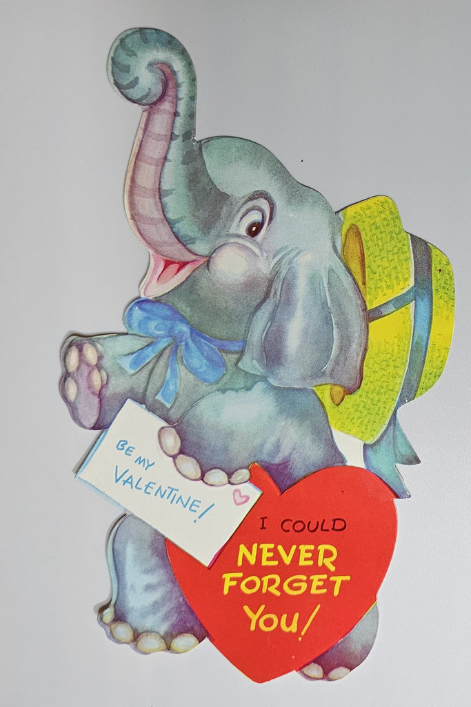 Vintage Die Cut Valentine Card Elephant Wearing Hat Holding Letter