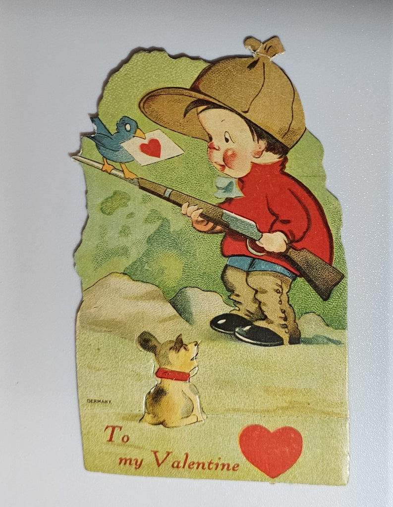 Vintage Die Cut Valentine Card Boy Hunting with Puppy Dog and Blue Bird Holding Letter