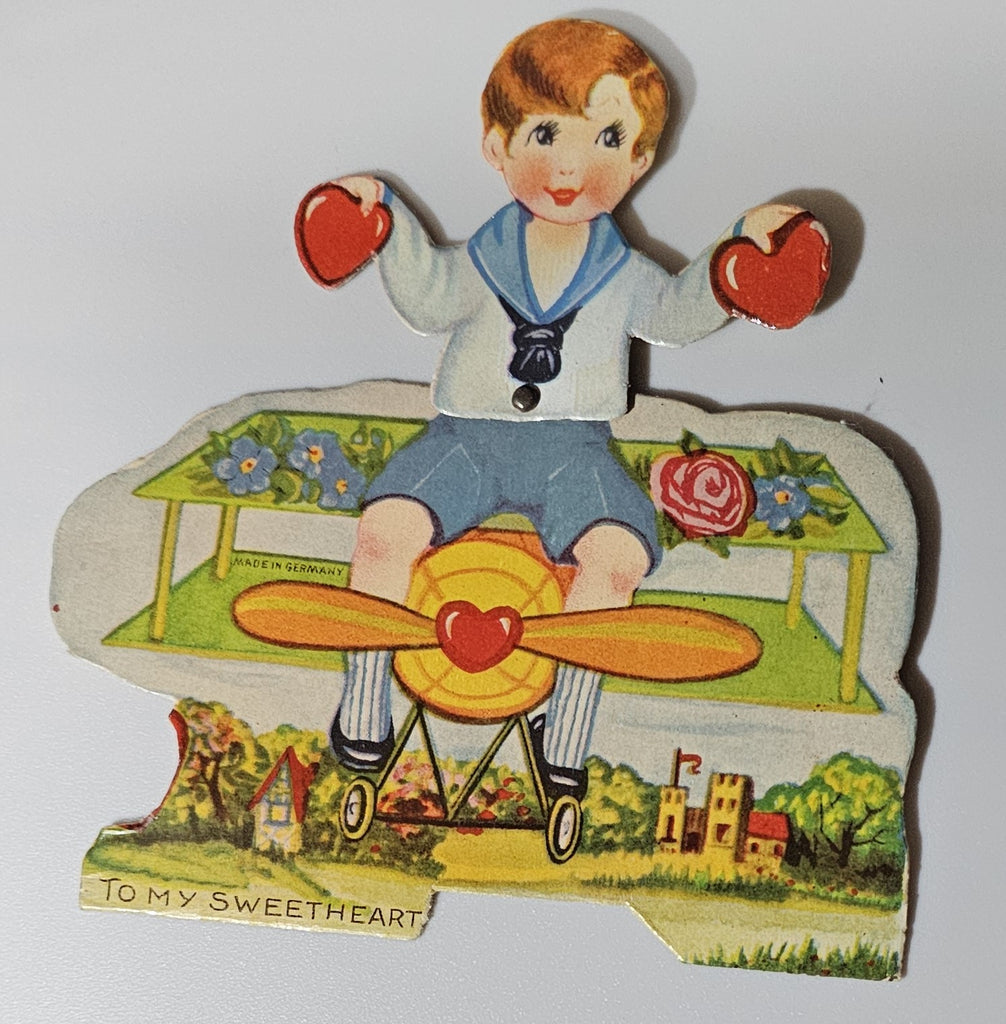 Vintage Die Cut Mechanical Valentine Card Boy Riding Motorcycle To My Sweetheart Made in Germany