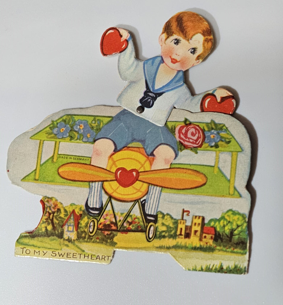 Vintage Die Cut Mechanical Valentine Card Boy Riding Motorcycle To My Sweetheart Made in Germany