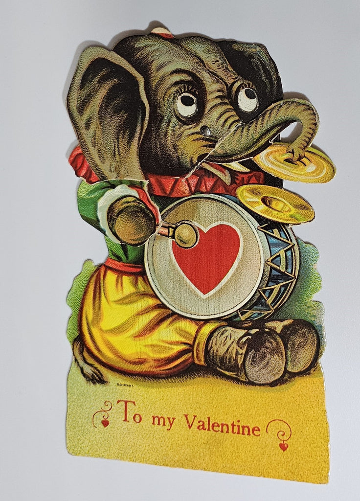 Vintage Die Cut Mechanical Valentine Card Elephant Dressed In Suit Playing Cymbals & Drums Printed in Germany