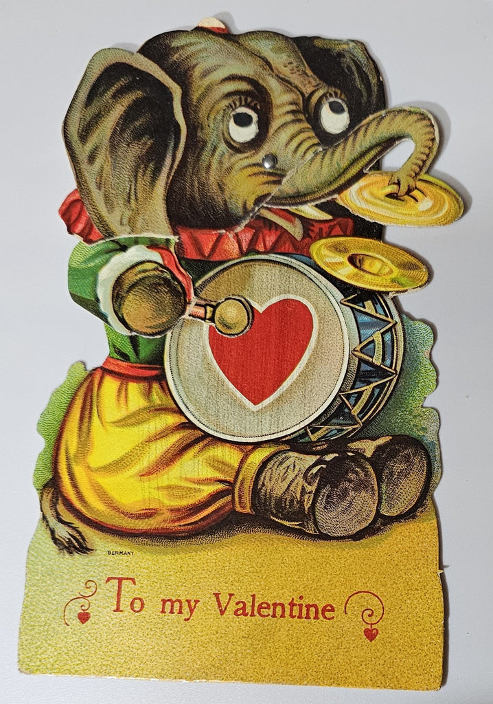 Vintage Die Cut Mechanical Valentine Card Elephant Dressed In Suit Playing Cymbals & Drums Printed in Germany