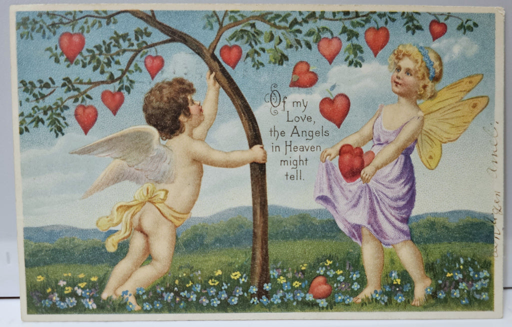 Valentine Postcard Cupid and Fairy with Butterfly Wings Collecting Hearts from Tree Early Undivided Card
