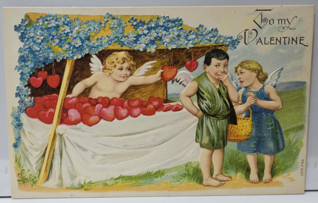 Valentine Postcard Cupid Selling Hearts at Stand to Winged Girl  & Boy Series 700 Germany
