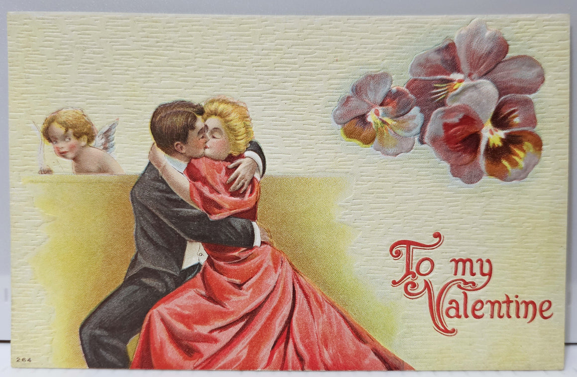 Valentine Postcard Cupid Holding Candle Sneakily Watching Couple Embracing and Kissing Printed in Germany