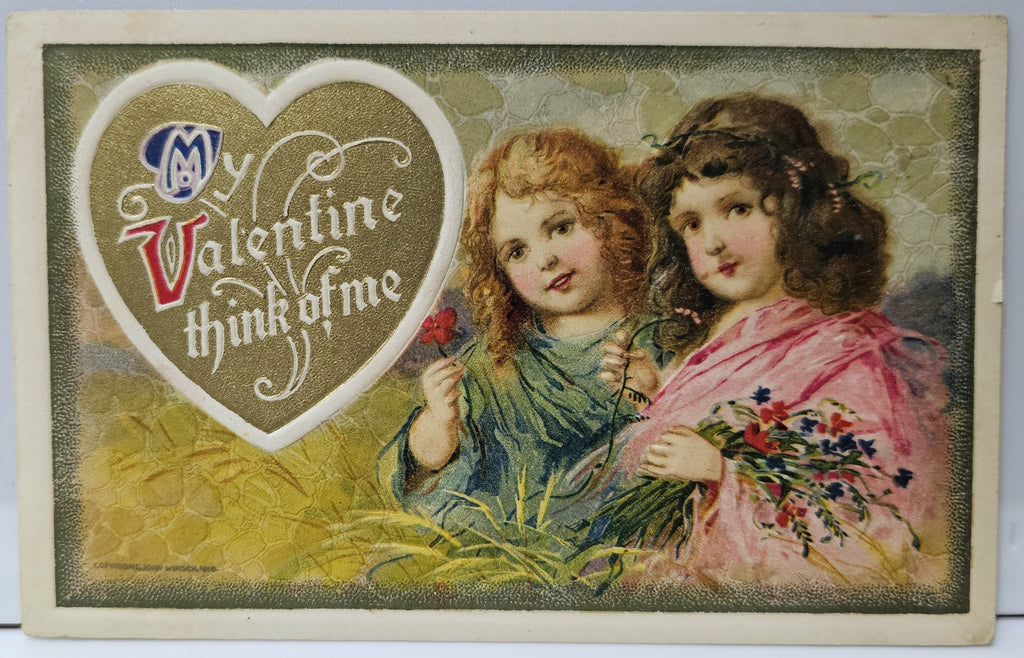 Valentine Postcard Two Little Girls Gold Heart Art Nouveau Artist Schmucker Published by John Winsch