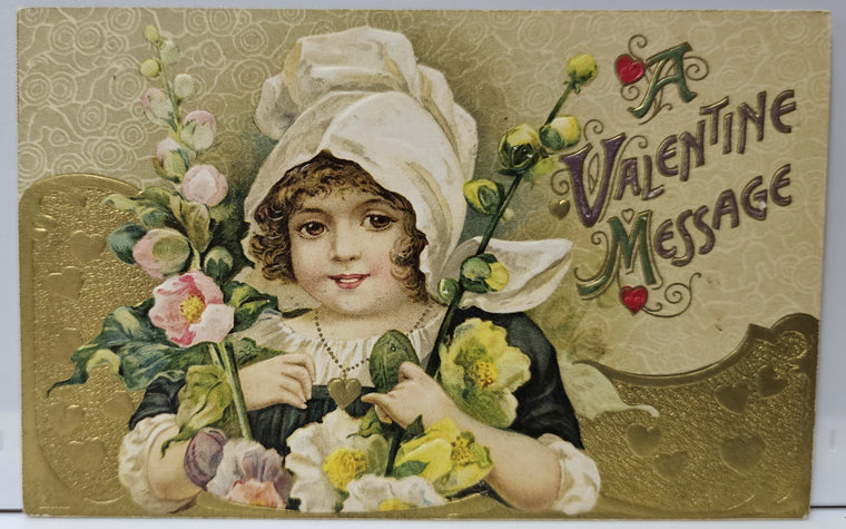 Valentine Postcard Little Girl Holding Flowers Gold Hearts Art Nouveau Artist Schmucker Published by John Winsch