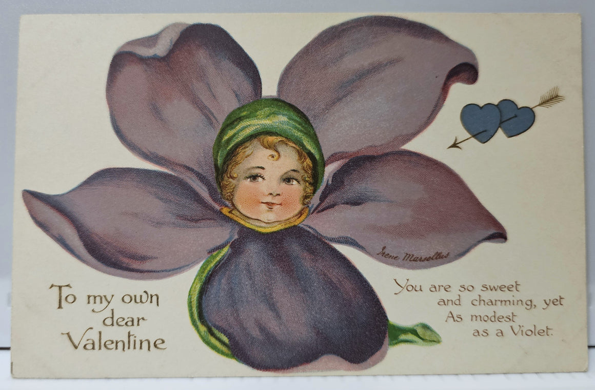 Valentine Postcard Ernest Nister Bavaria 3027 Flower Face Girl Violet Petals Artist Irene Marsellus Art Nouveau Card