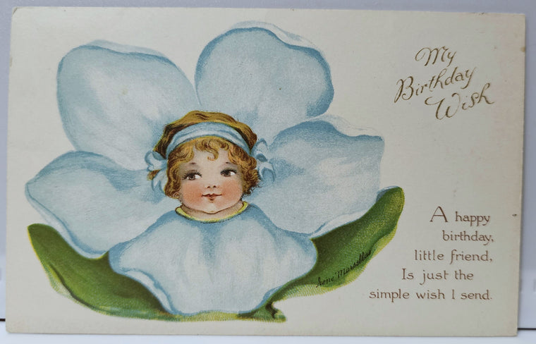Birthday Postcard Ernest Nister Bavaria 3410 Flower Face Girl White Petals Artist Irene Marsellus Art Nouveau Card