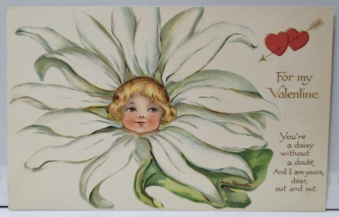 Valentine Postcard Ernest Nister Bavaria 3026 Flower Face Girl Daisy Petals Artist Irene Marsellus Art Nouveau Card
