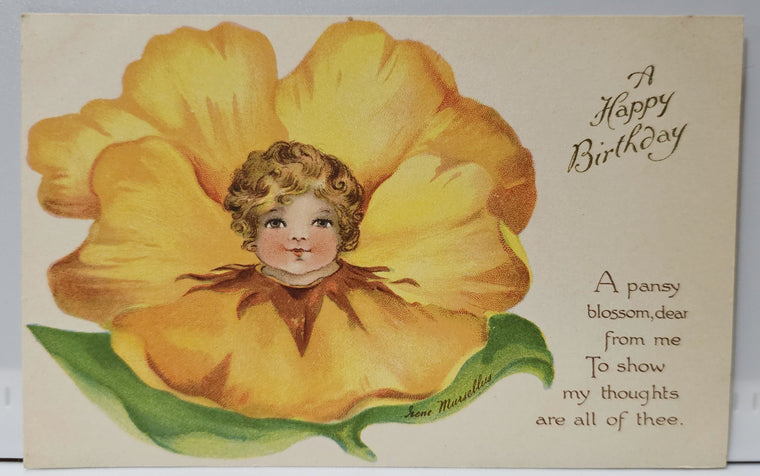 Birthday Postcard Ernest Nister Bavaria 3411 Flower Face Girl Yellow Pansy Petals Artist Irene Marsellus Art Nouveau Card