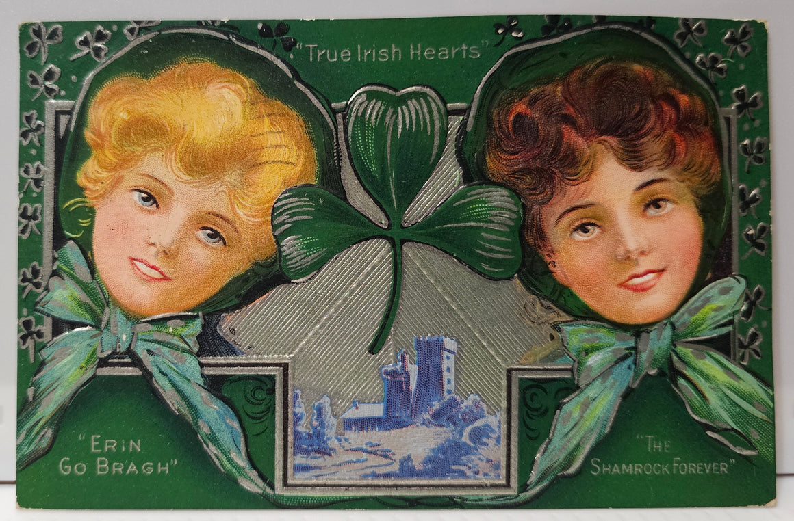 Saint Patrick's Day Postcard True Irish Hearts Erin Go Bragh Green & Silver Background Two Women in Bonnets
