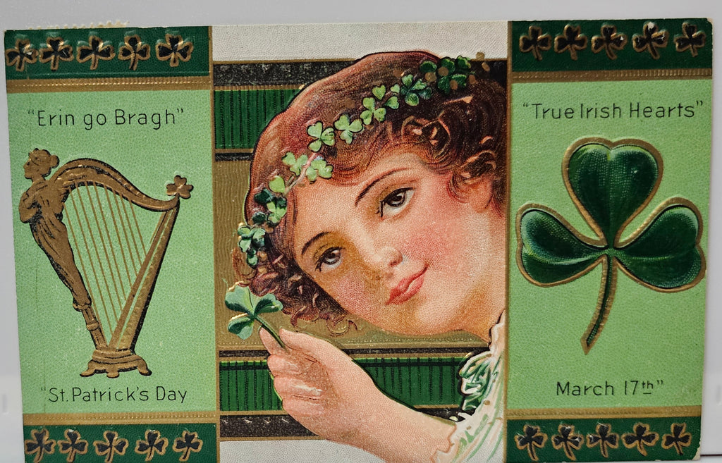 Saint Patrick's Day Postcard Irish Lass Wearing Clover Crown Erin Go Bragh Gold Green Colors