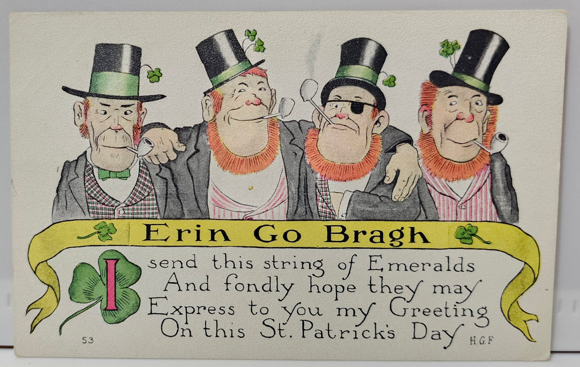 Saint Patrick's Day Postcard Irish Men In Hats and Smoking Pipes Erin Go Bragh Artist Initialed H.G.F