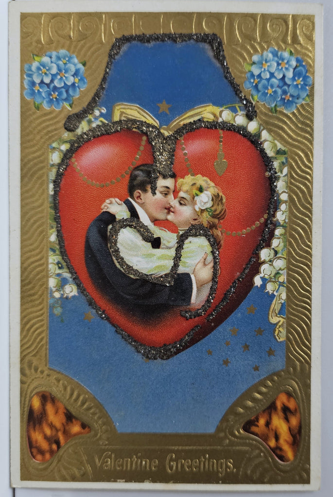 Valentine Postcard Couple Embracing in Giant Heart Gold Embossed Applied Glitter