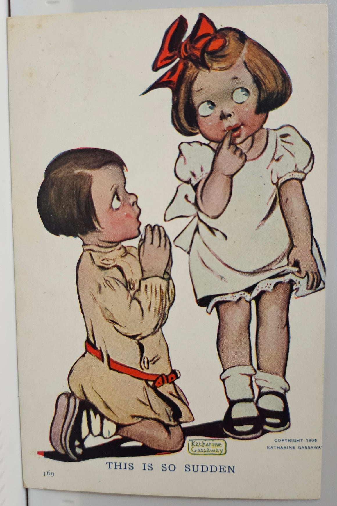 Valentine Postcard Little Boy On His Knees with Girl This is So Sudden Artist Katherine Gassaway