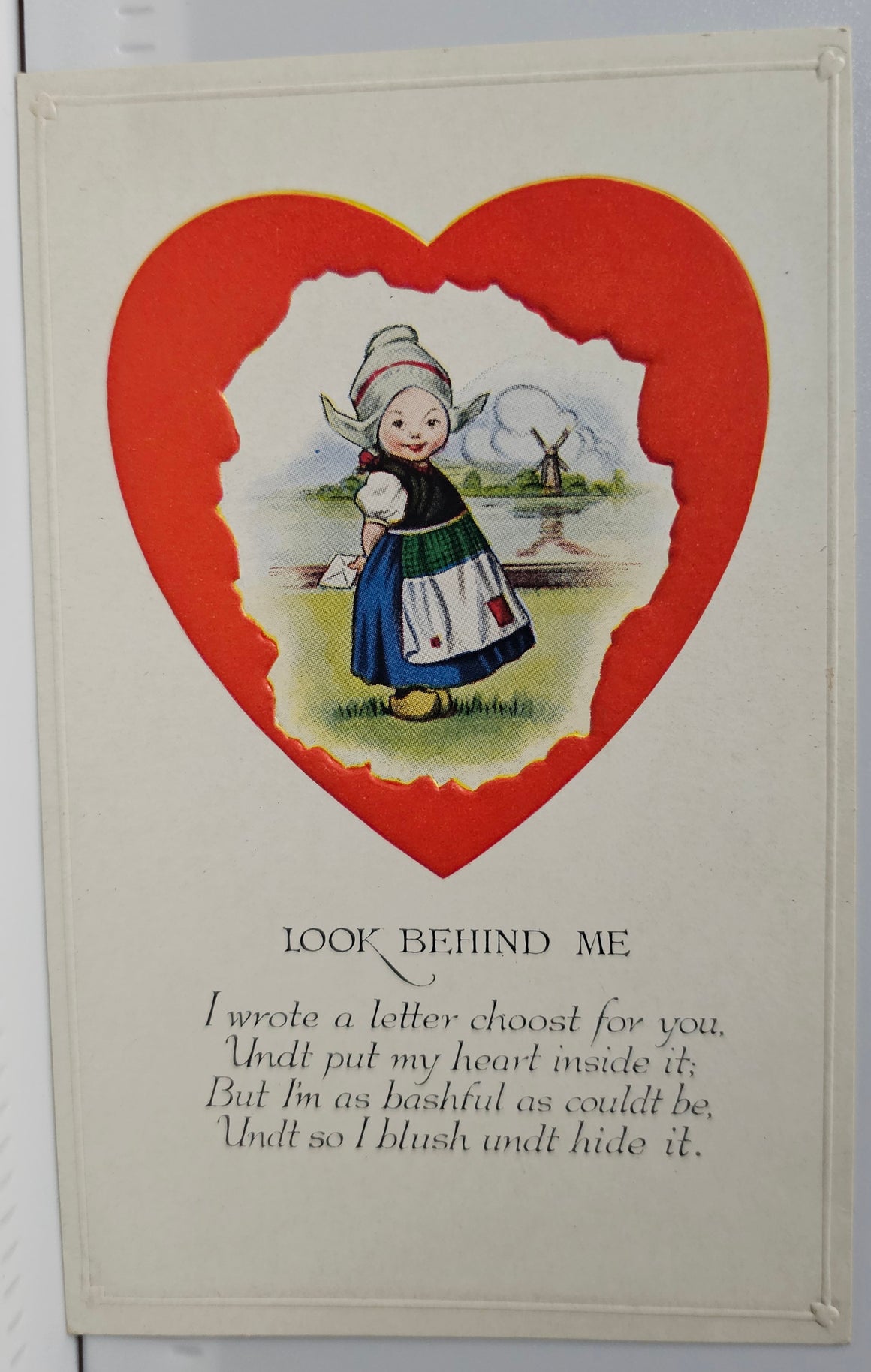 Valentine Postcard Little Dutch Girl Strolling in Heart with Poem