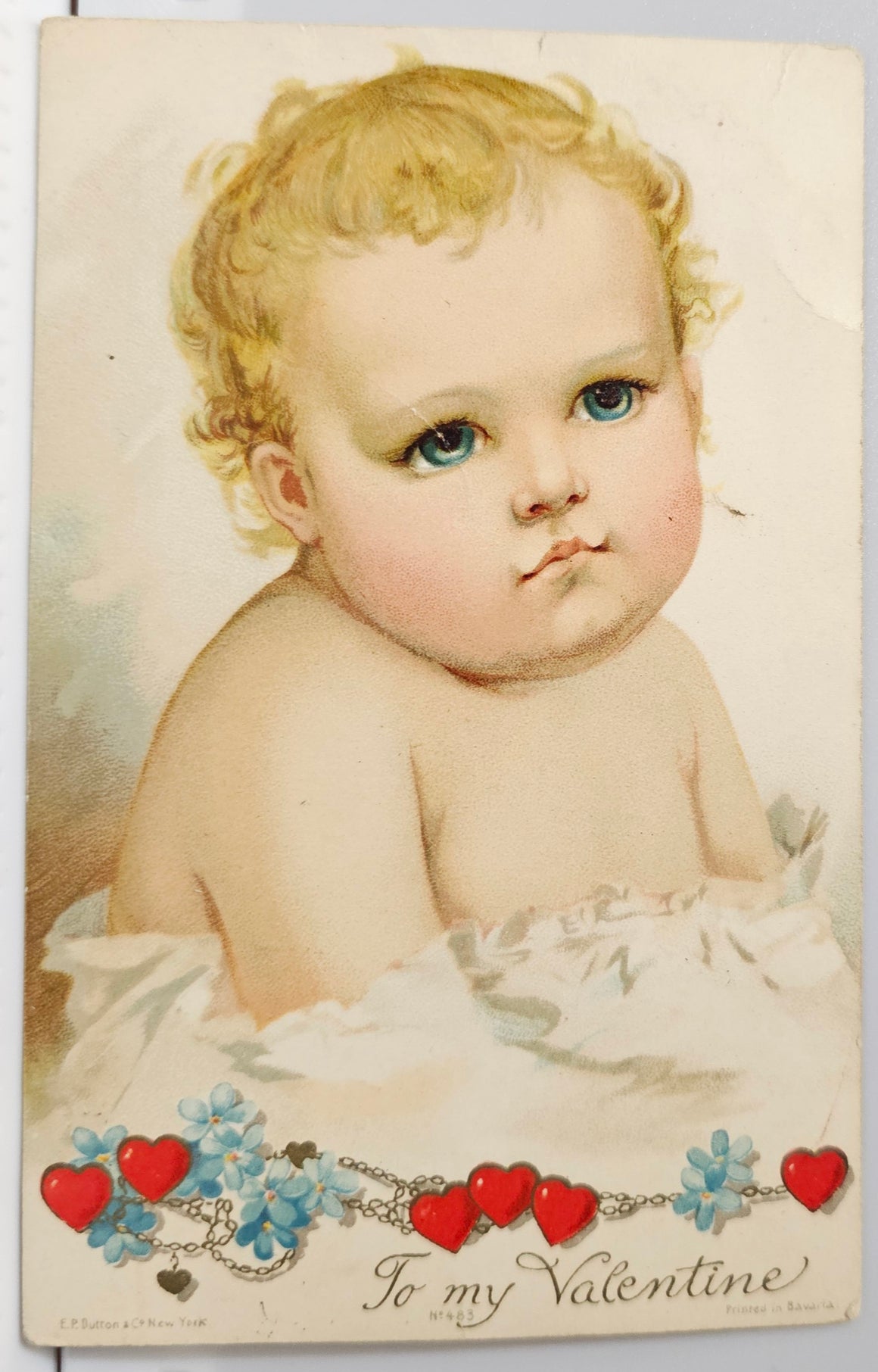 Valentine Postcard Blonde Haired Baby in White Dress Gold Red Heart Chain Early Undivided 1905 Bavaria