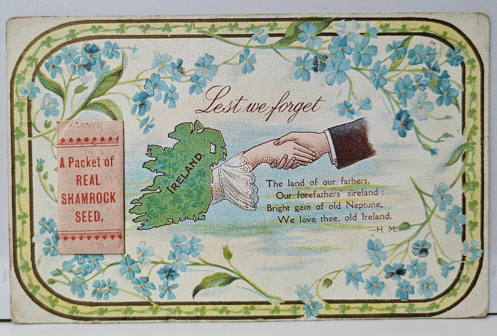 Saint Patrick's Day Postcard Shaking Hands From the Emerald Isle Bag of Shamrock Seed Attached