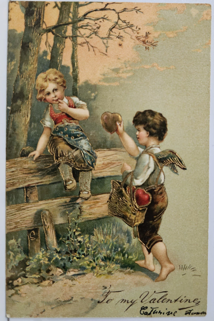 Valentine Postcard Cupid Boy Delivering Heart to Girl on Fence Gold Embossed Germany